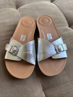 FitFlop Metallic Silver Cross-Band adjustable Slide Sandals